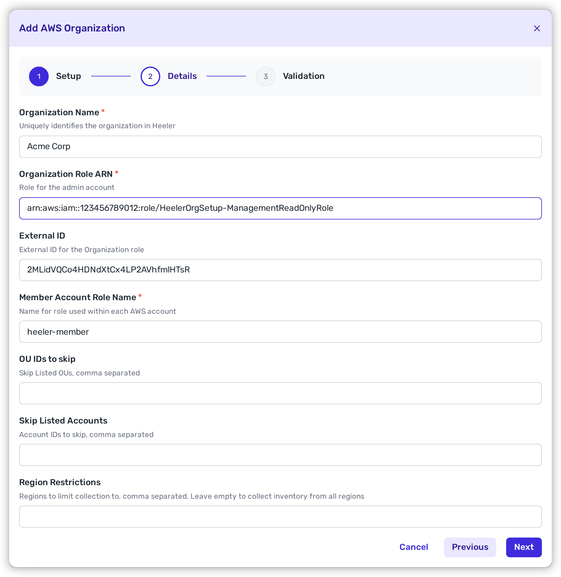 The Add AWS Organization Details step in Heeler with Organization Name, Organization Role ARN, External ID, Member Account Role Name, OU IDs to skip, Skip Listed Accounts, and Region Restrictions fields.