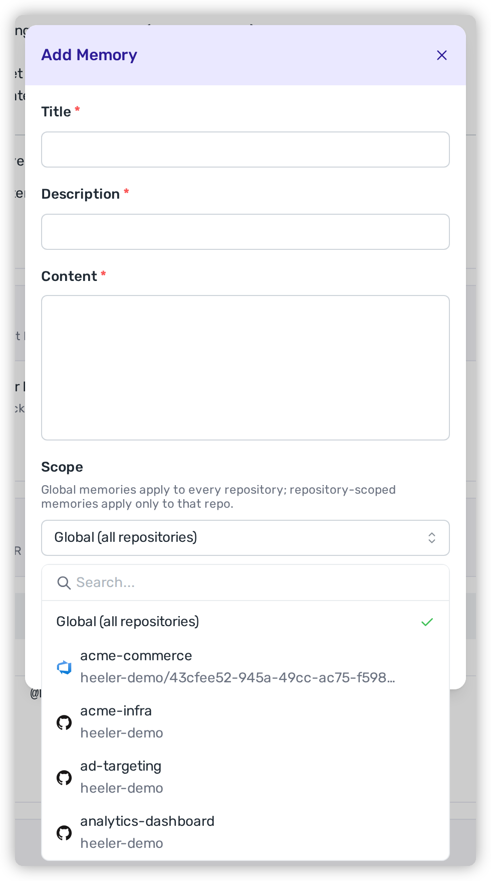 The Scope select open inside the Add Memory modal, showing a search box, Global (all repositories) checked at the top of the list, then repository options each with its provider icon and owning organisation.