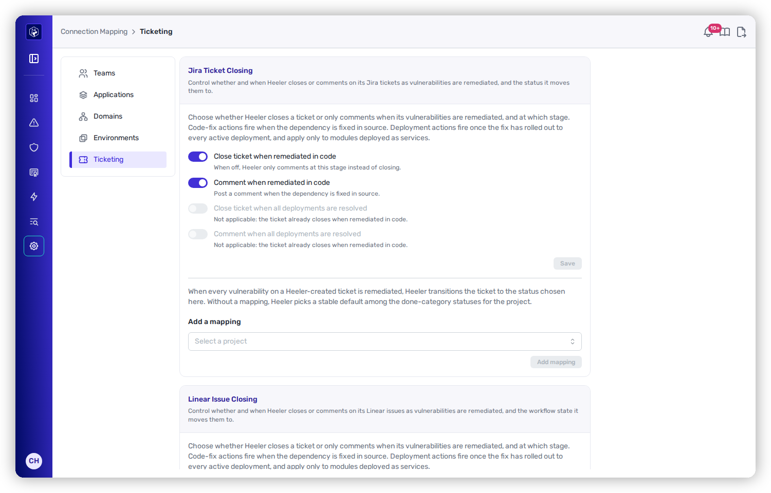 The Jira Ticket Closing card with switches for closing or commenting when remediated in code and when all deployments are resolved.