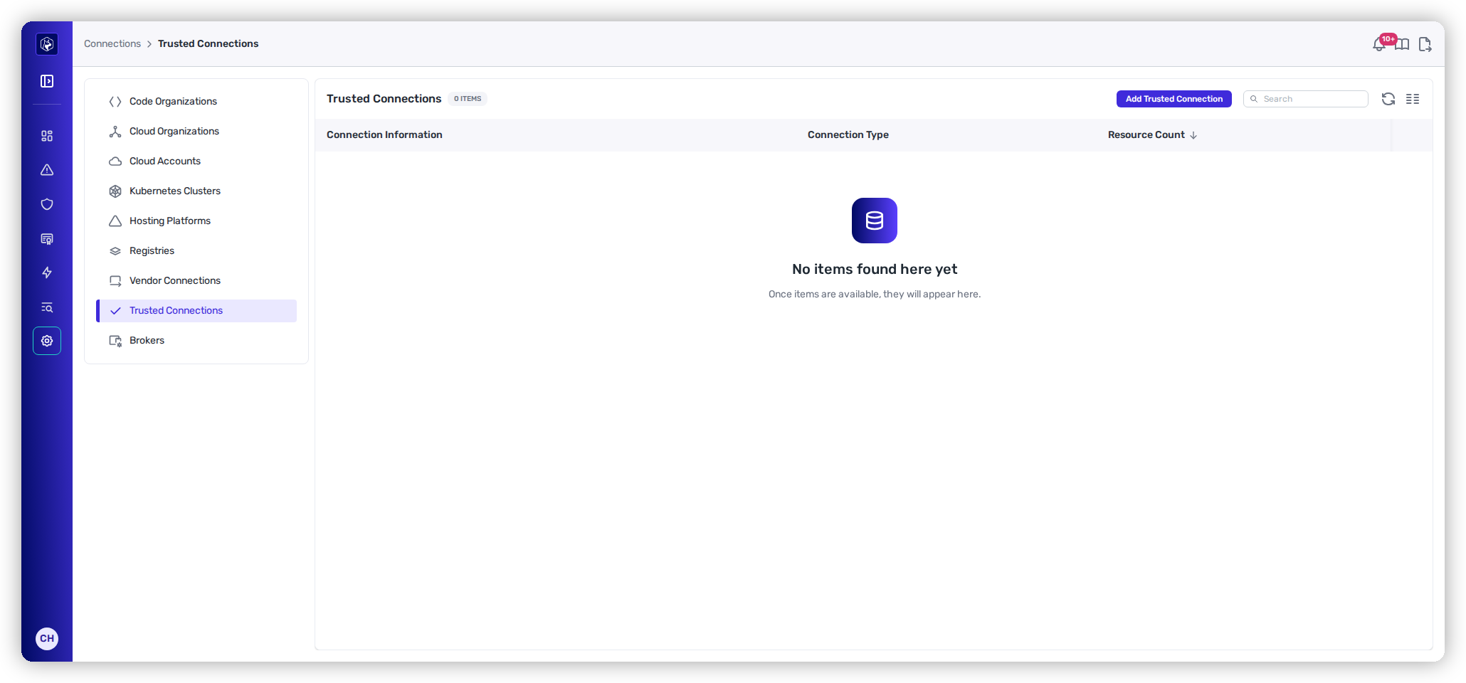 The Trusted Connections tab with an Add Trusted Connection button and an empty list.