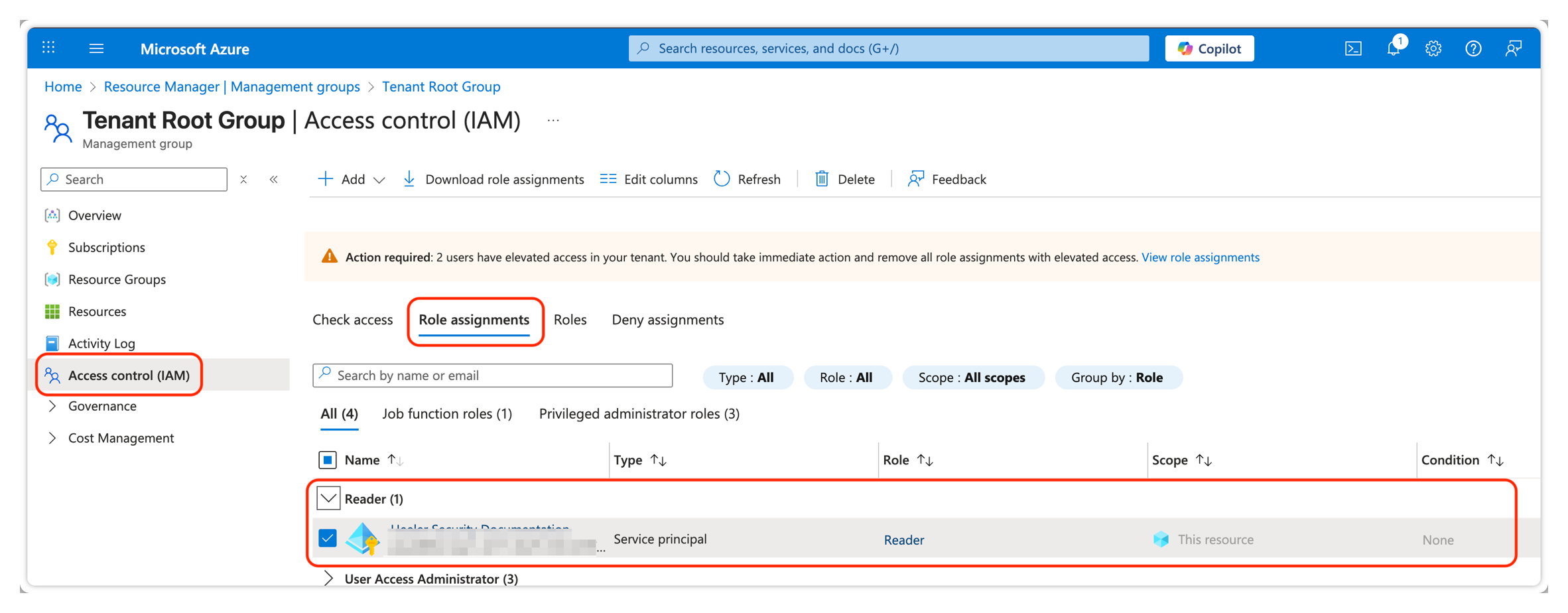 Review + assign confirming the Reader role for the App Registration service principal.