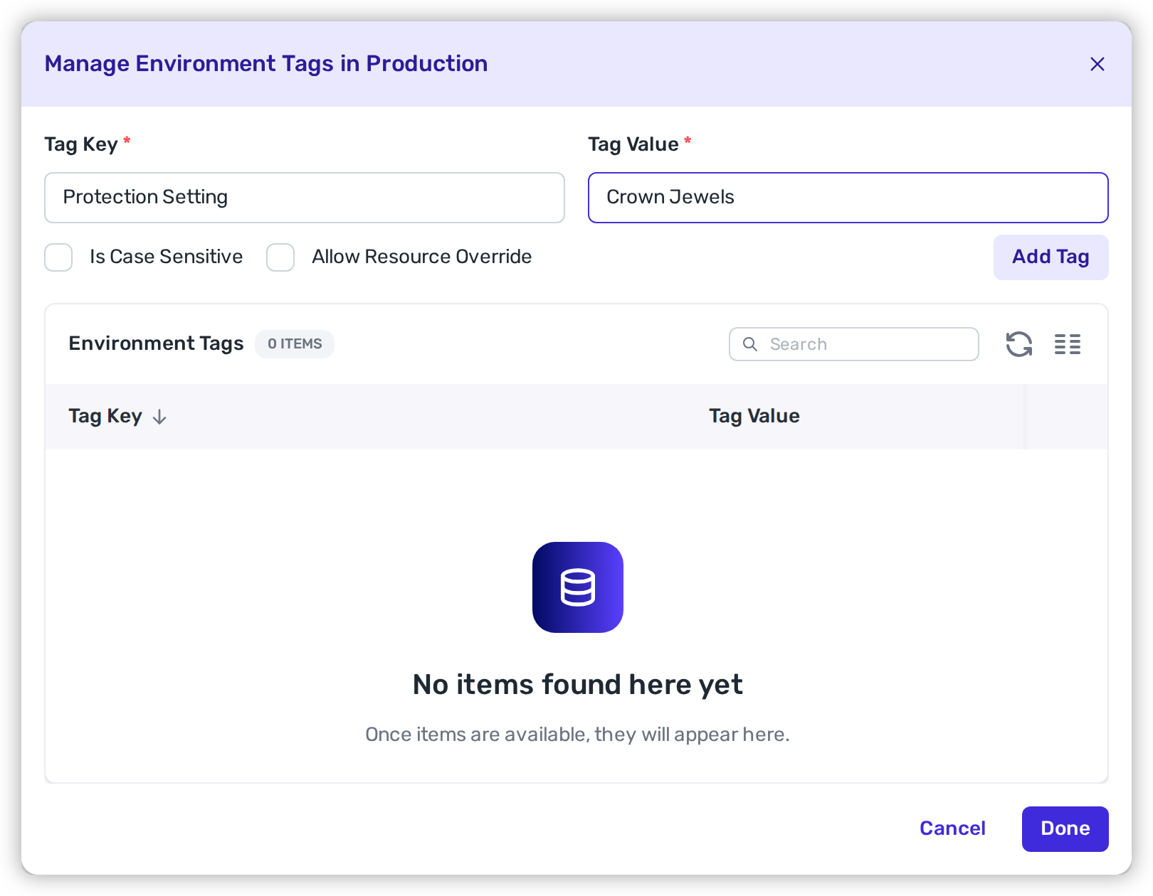 Entering an environment tag key/value pair and clicking Add Tag under an environment.