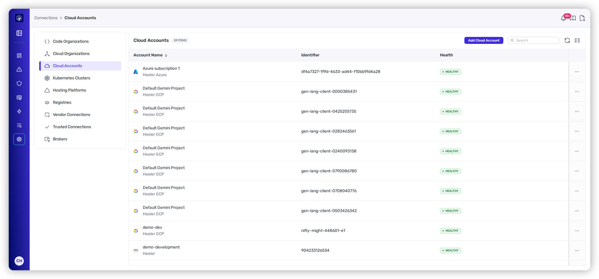The Cloud Accounts list showing individual accounts, subscriptions, and projects with an Identifier and Health status.