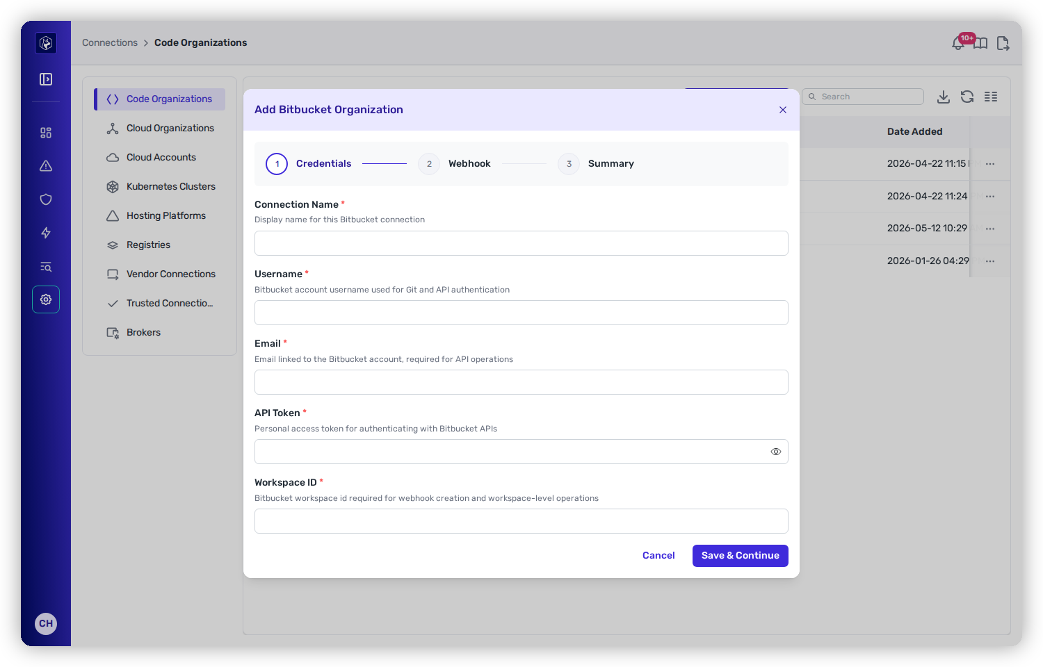 The Add Bitbucket Organization wizard, Credentials step, with Connection Name, Username, Email, API Token, and Workspace ID fields, ahead of Webhook and Summary steps.