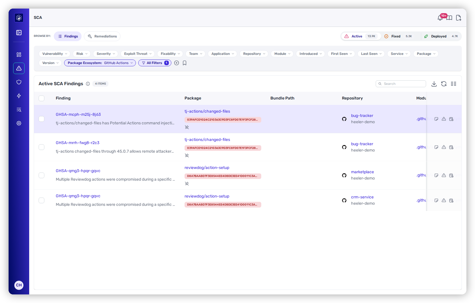 SCA Findings filtered to Package Ecosystem = GitHub Actions, showing compromised actions tj-actions/changed-files and reviewdog/action-setup with GHSA advisories and pinned commit SHAs.