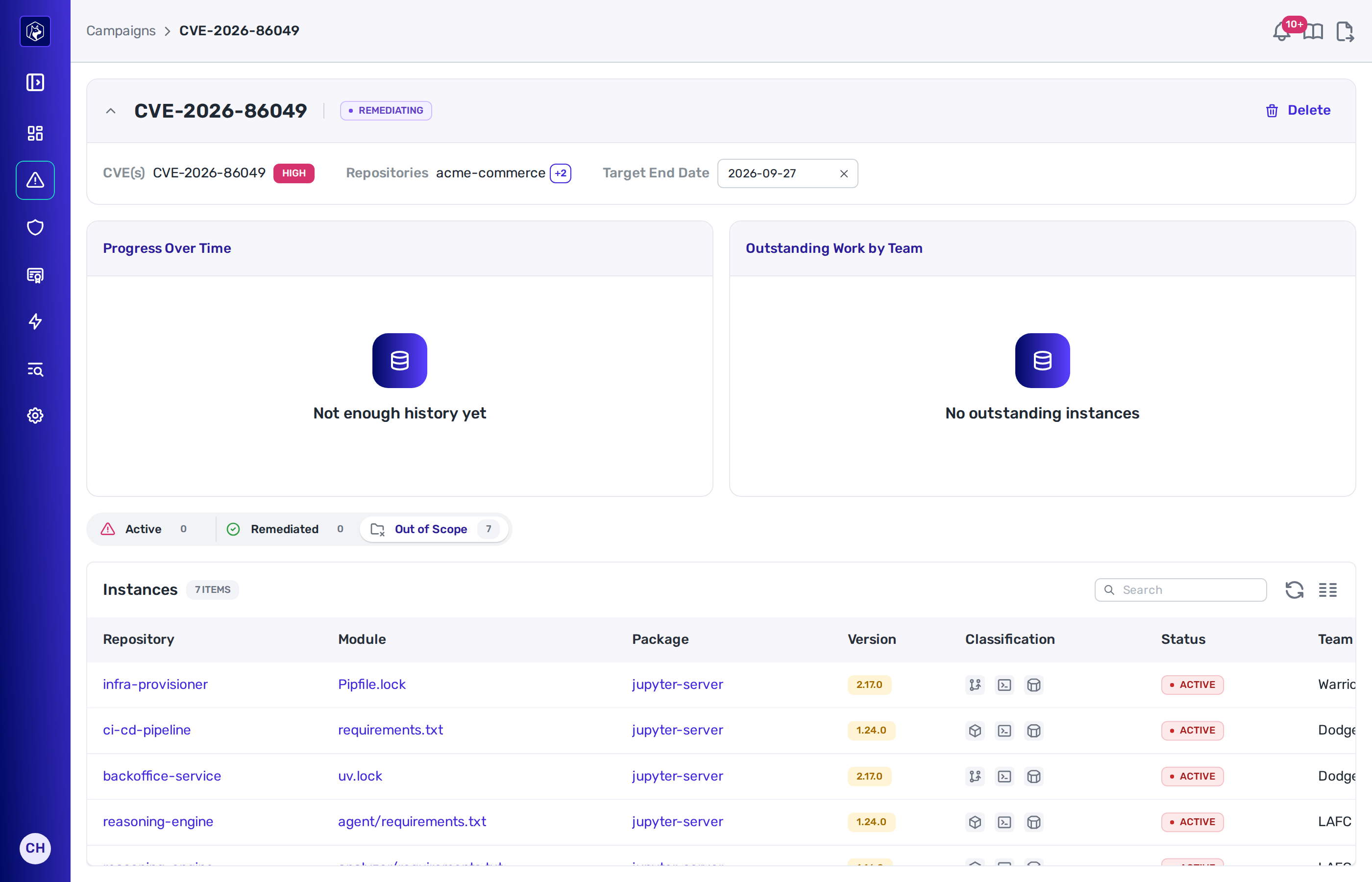 A campaign page showing the CVEs, repositories and target end date, the progress and outstanding-work cards, the Active, Remediated and Out of Scope tabs with counts, and the instance table listing repository, module, package, version, classification, status and team.