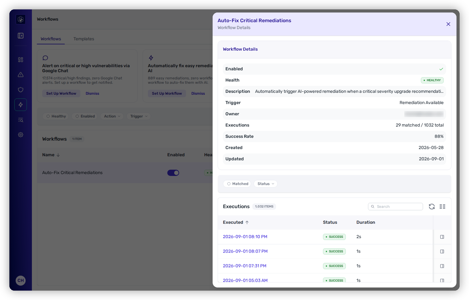 The Workflow Details tray for Auto-Fix Critical Remediations: a summary panel with Enabled, Health, Trigger, Owner, Executions, and Success Rate, above an Executions log with Executed On, Status, and Duration columns showing Success runs.