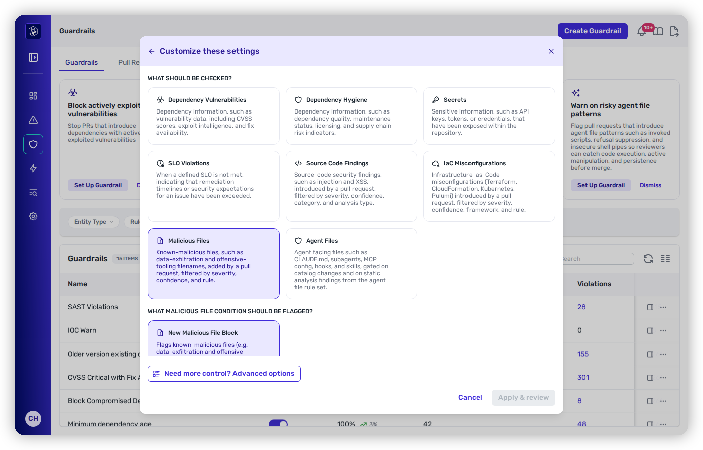 The guardrail builder with the Malicious Files check type and its New Malicious File Block condition selected.