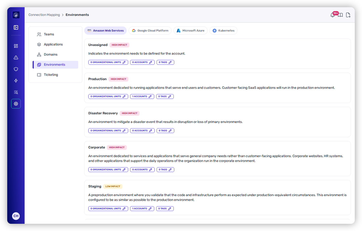 Connection Mapping → Environments, showing environment boundaries with impact badges and organizational-unit, account, and tag assignments per cloud provider.