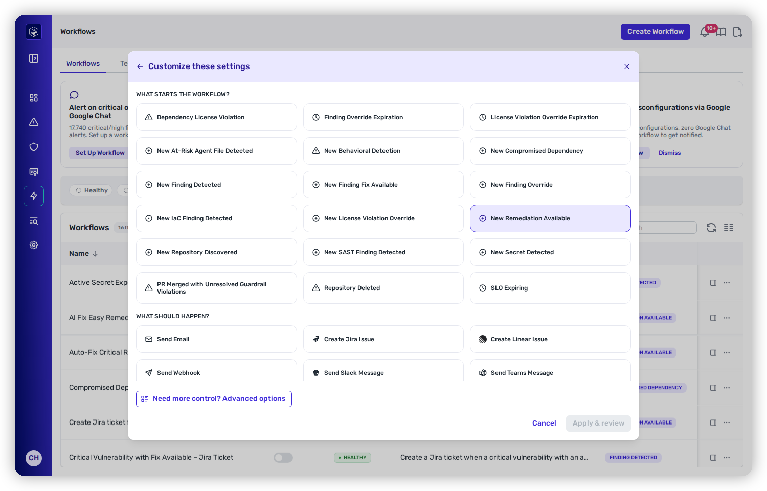 The trigger grid under "What starts the workflow?", listing triggers like Dependency License Violation, New At-Risk Agent File Detected and New Compromised Dependency, with New Remediation Available selected.