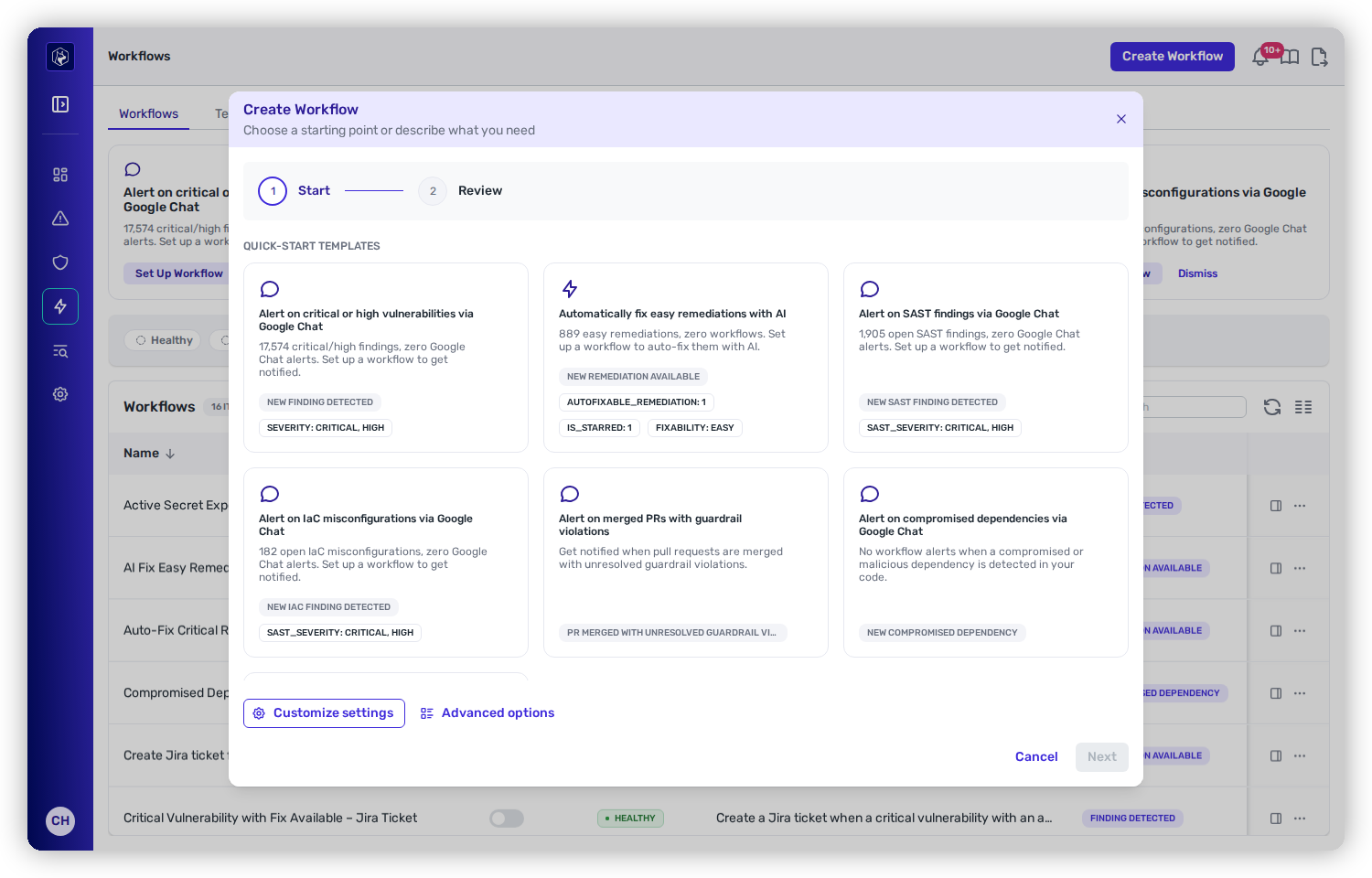 The Create Workflow wizard on its Start step, with the Automatically fix easy remediations with AI quick-start card showing New Remediation Available, Autofixable_Remediation, Is_Starred and Fixability: Easy as badges.