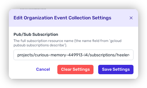 The Event Collection settings in Heeler with the Pub/Sub Subscription field.