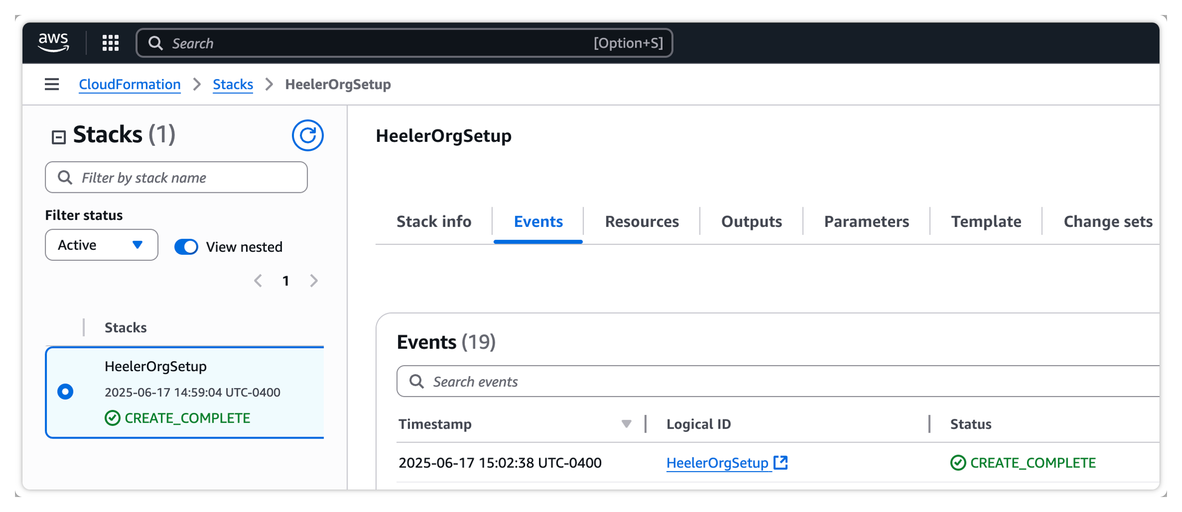The CloudFormation HeelerOrgSetup stack showing CREATE_COMPLETE with the Events, Outputs, and Parameters tabs.