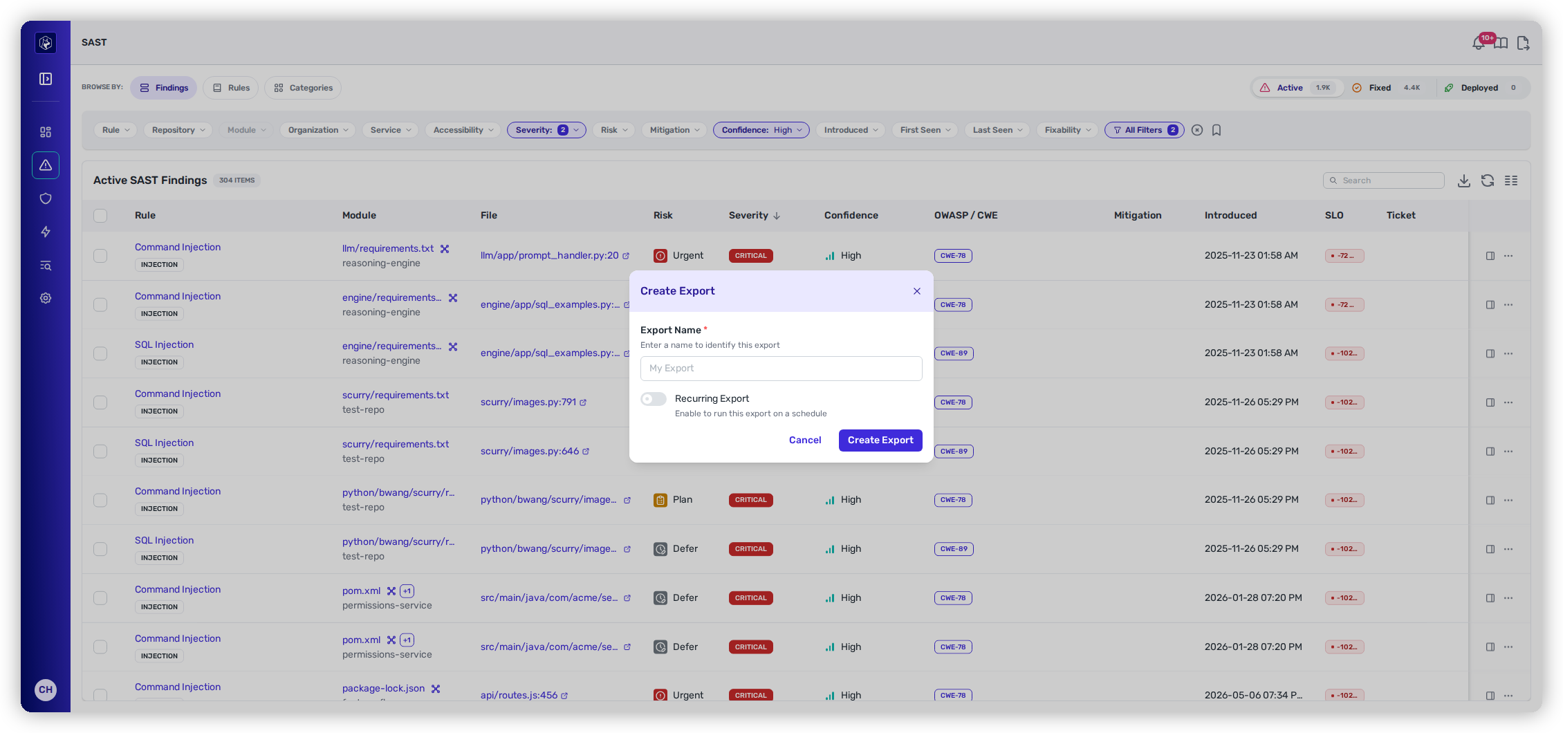 The SAST Create Export dialog.