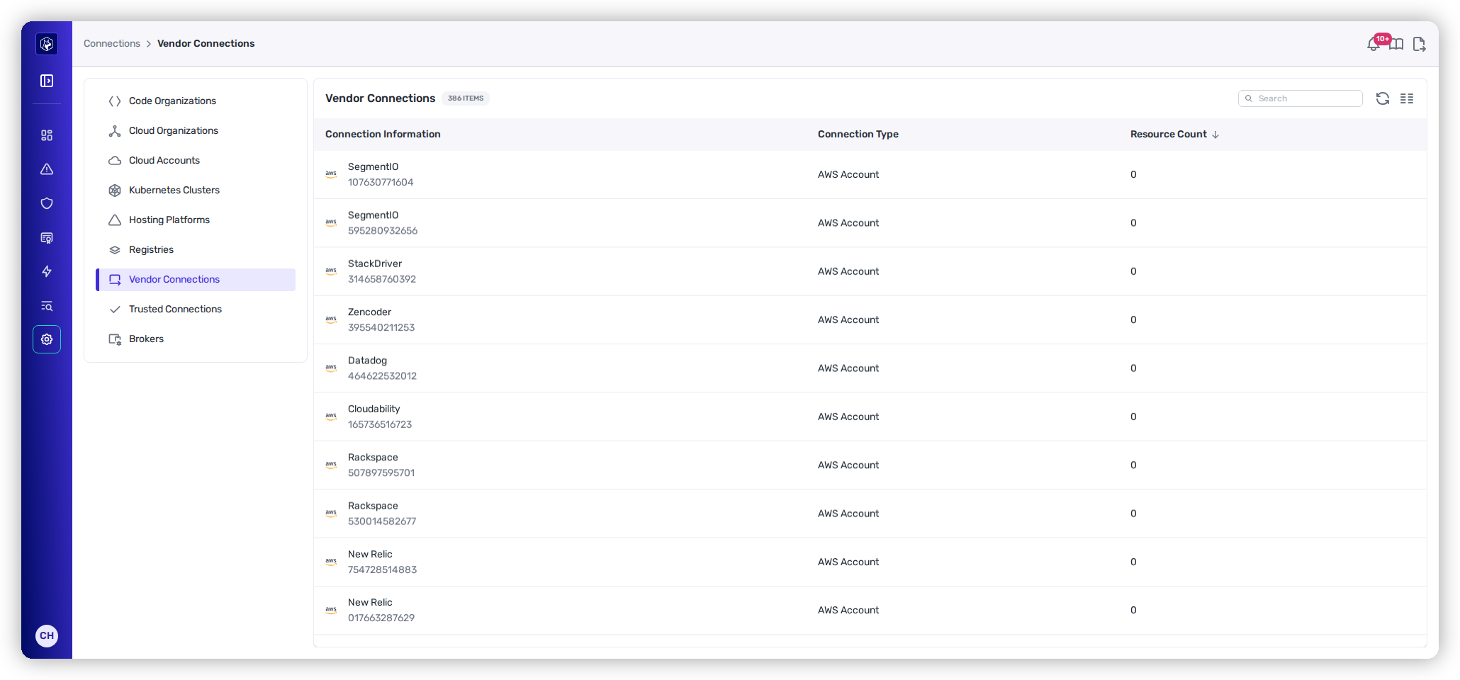 The Vendor Connections list showing recognized third-party vendors such as SegmentIO, Datadog, and New Relic, each an AWS Account with a Resource Count.