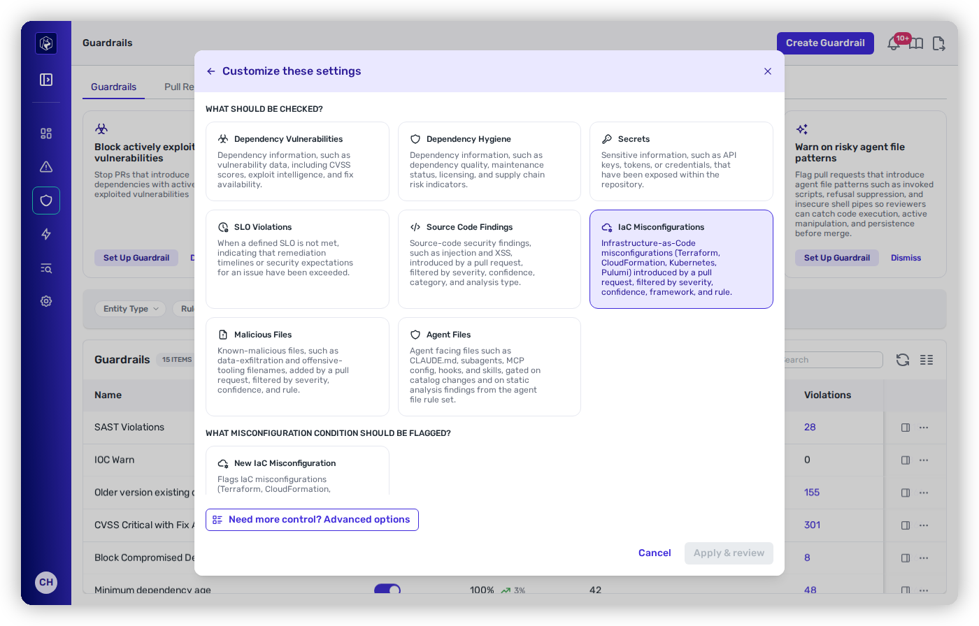 The Customize these settings step with IaC Misconfigurations selected as the check type, and its New IaC Misconfiguration condition below.