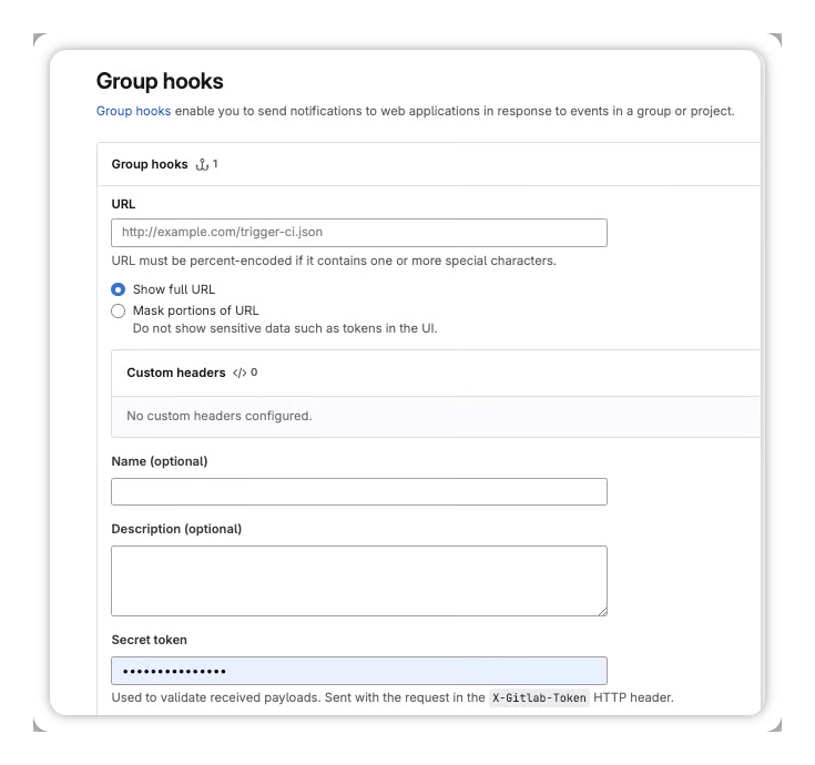The GitLab group webhook form with the Heeler events URL and the Installation Token as the secret.