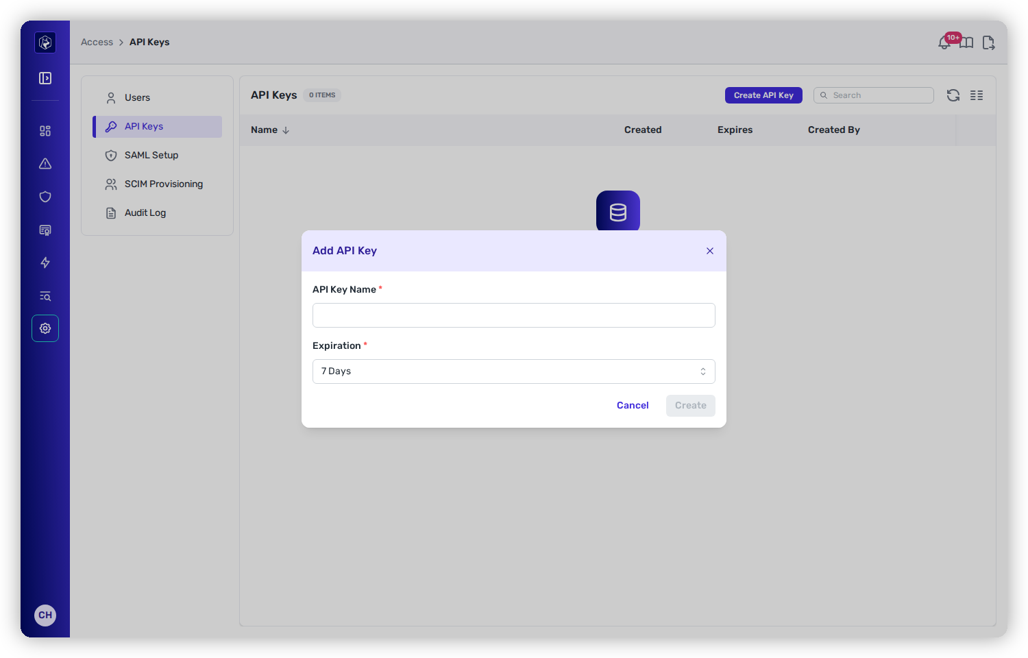 The Add API Key dialog with an API Key Name field and an Expiration field.