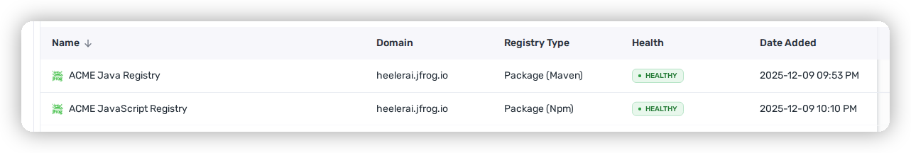The Registries list showing the JFrog Artifactory connection with a Healthy status.