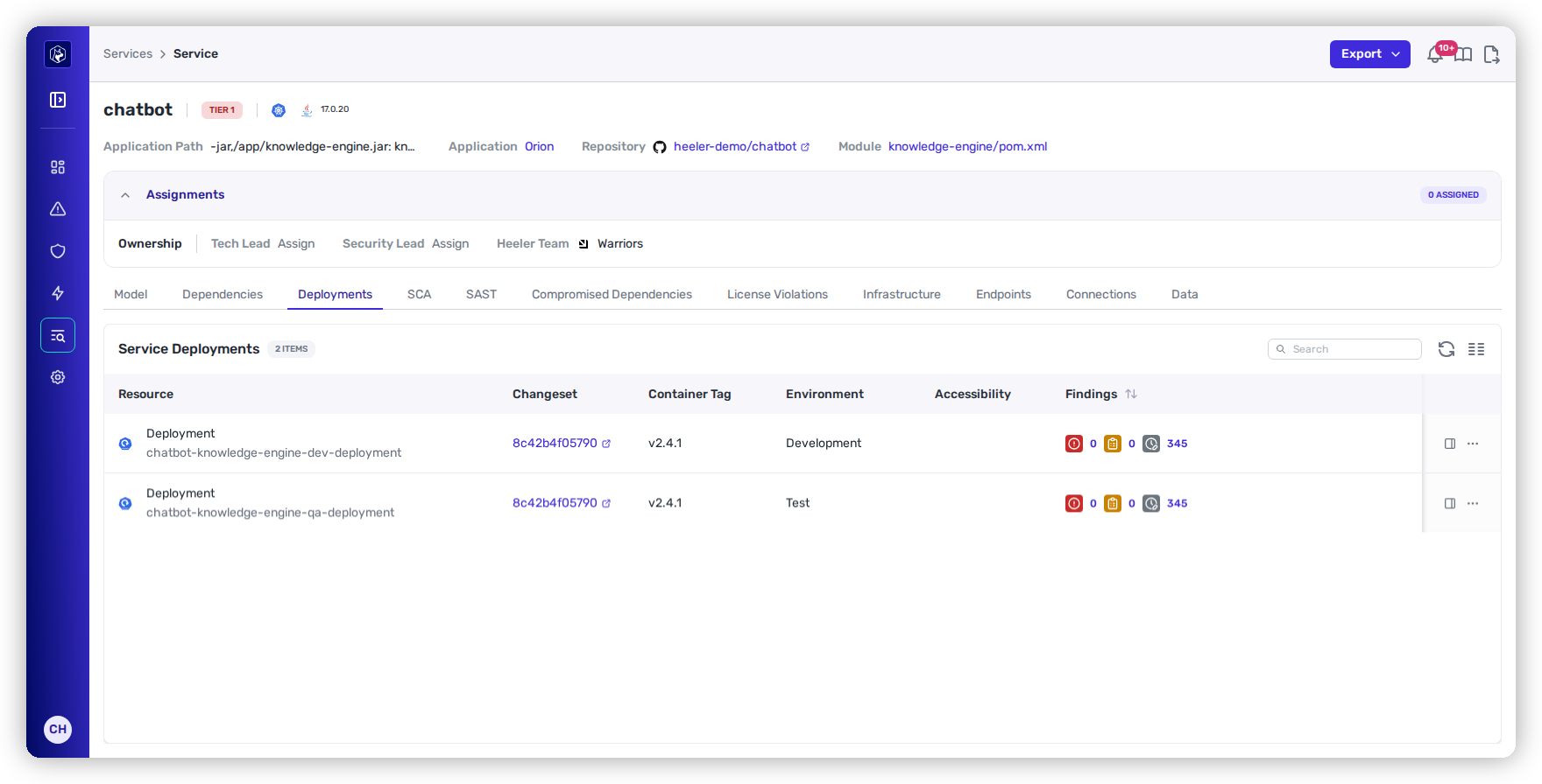 A Heeler application deployment showing the inherited Development environment from its AWS account.