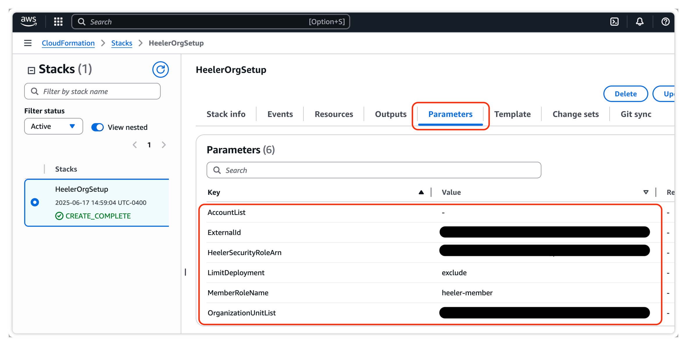 The CloudFormation stack Parameters tab showing AccountList, ExternalId, HeelerSecurityRoleArn, LimitDeployment, MemberRoleName, and OrganizationUnitList.