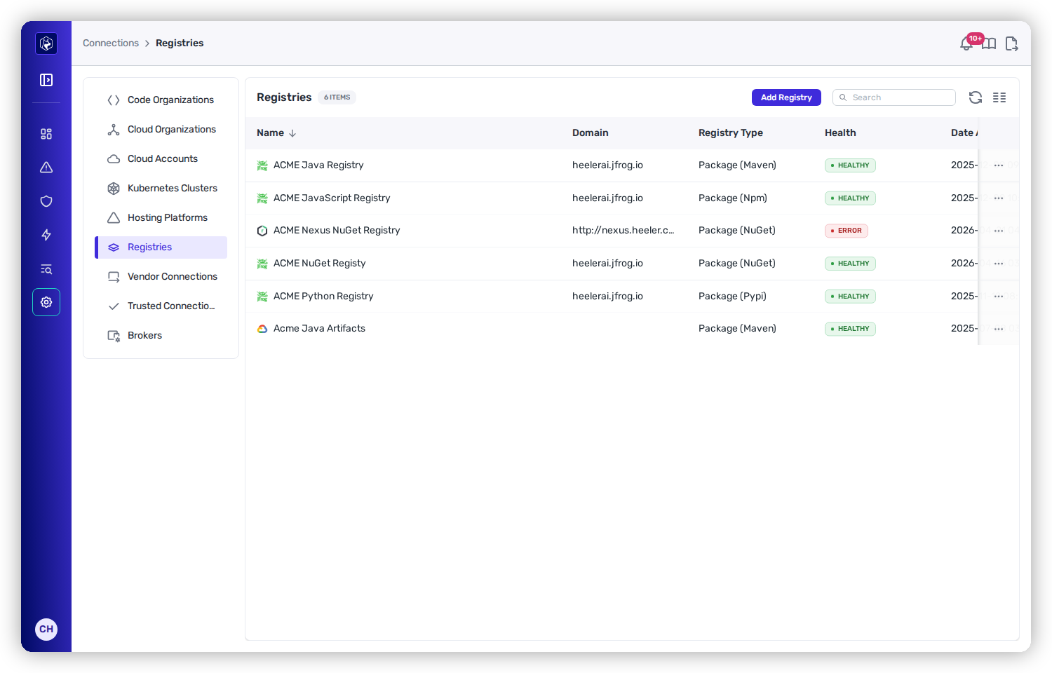 The Registries page under Administration → Connections, listing connected registries with their Domain, Registry Type, and Health status.