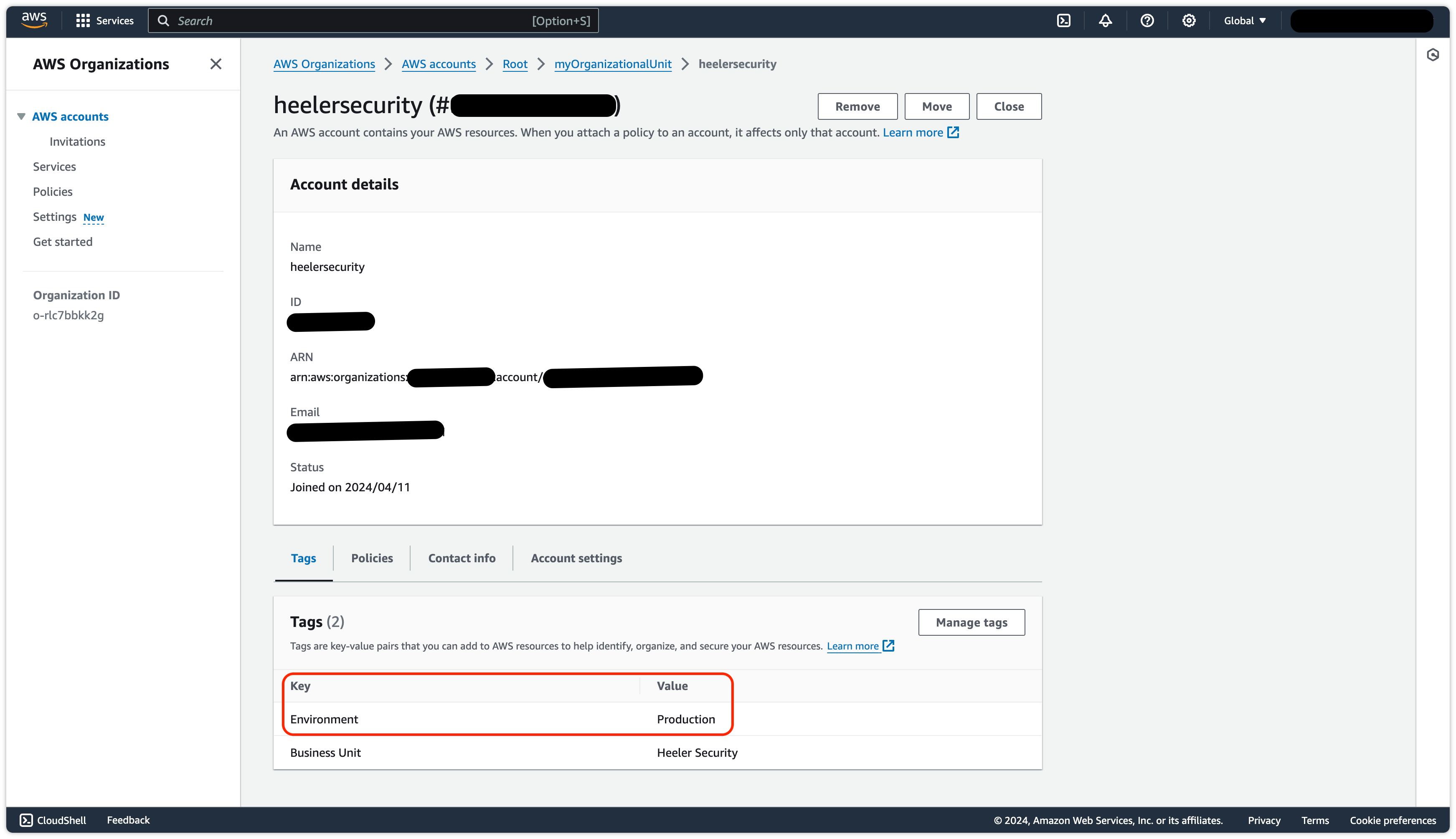 AWS Organizations in the payer account, showing key/value tags on organizational units and accounts.