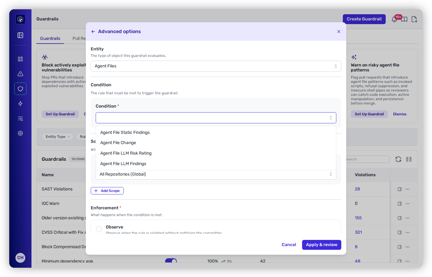 The Advanced options modal with Entity set to Agent Files and the Condition dropdown open, listing Agent File Static Findings, Agent File Change, Agent File LLM Risk Rating, and Agent File LLM Findings.