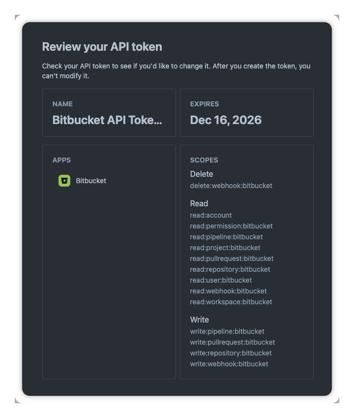 Selecting the Bitbucket read, write, and delete permissions for the API token.