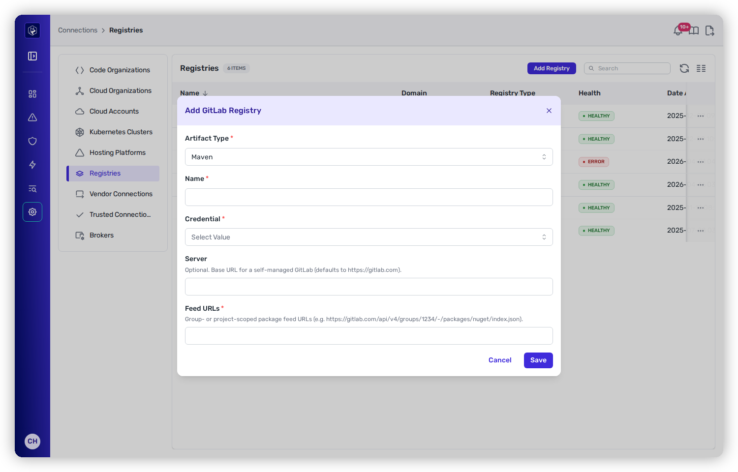 The Add Registry modal for GitLab, showing Artifact Type, Name, Credential, Server, and Feed URLs fields.