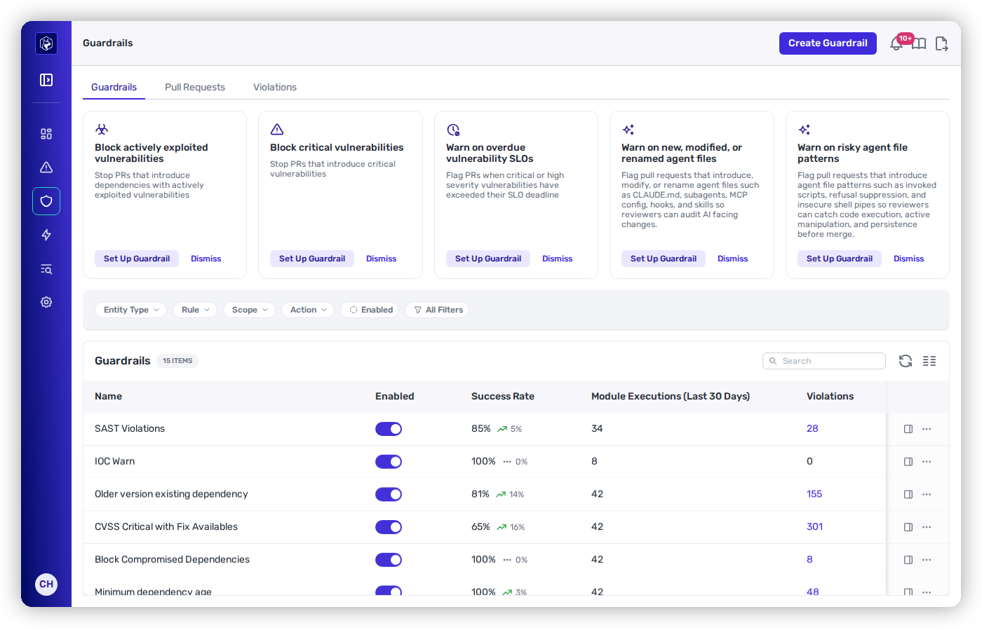 The Guardrails list with its Guardrails, Pull Requests, and Violations tabs.