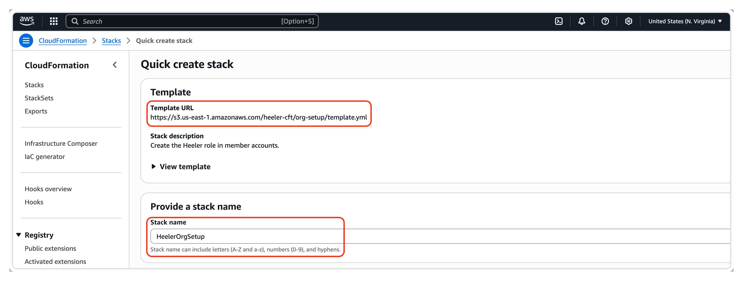 AWS CloudFormation Quick create stack with the Heeler org-setup template URL and the HeelerOrgSetup stack name.