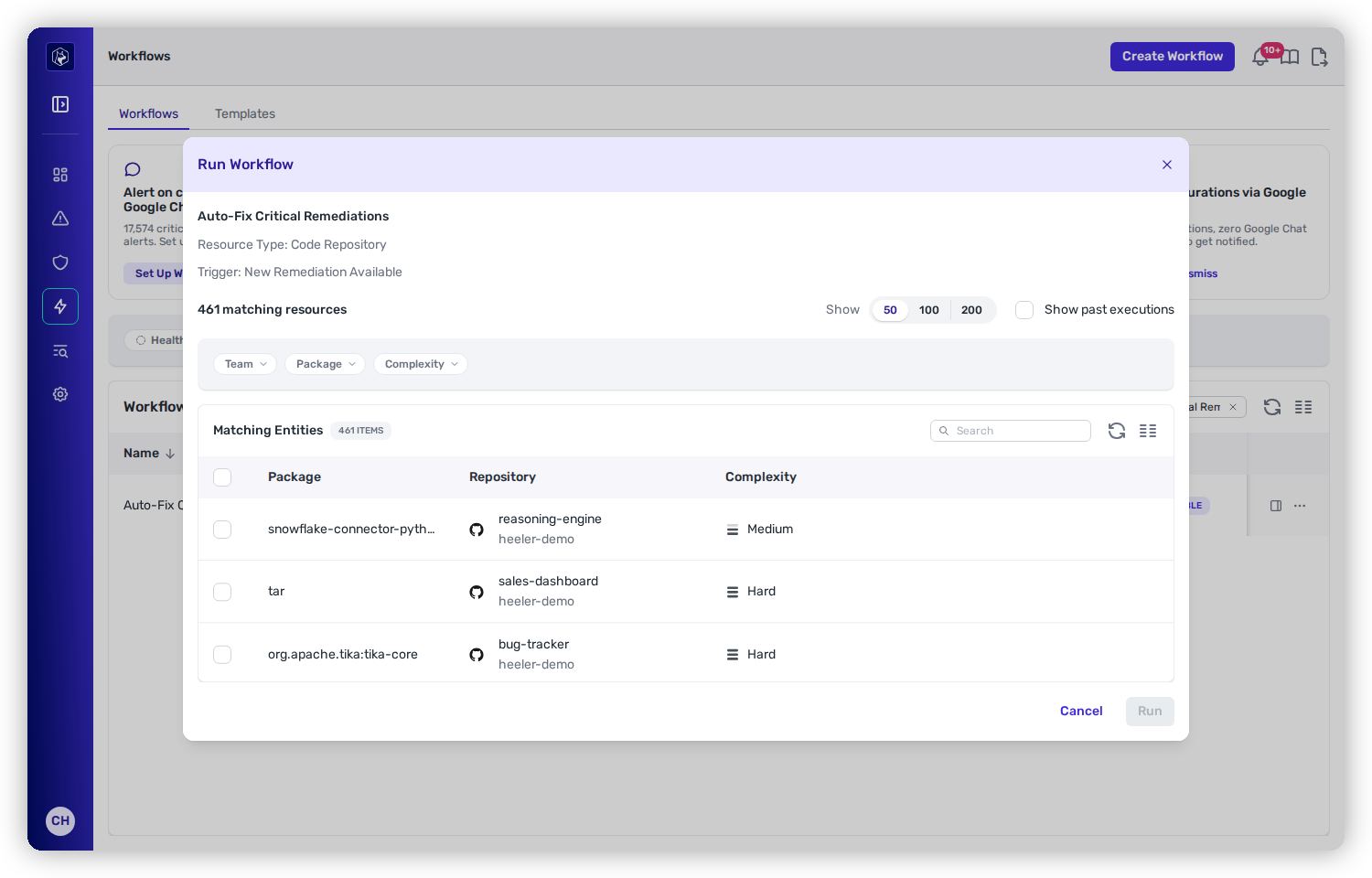 The Run Workflow modal: it shows the resource type, trigger, and a count of matching resources; a Show 50/100/200 selector; a Show past executions toggle; and a selectable table of matching entities with Package, Repository, CVE, and Severity columns, plus a Run button.