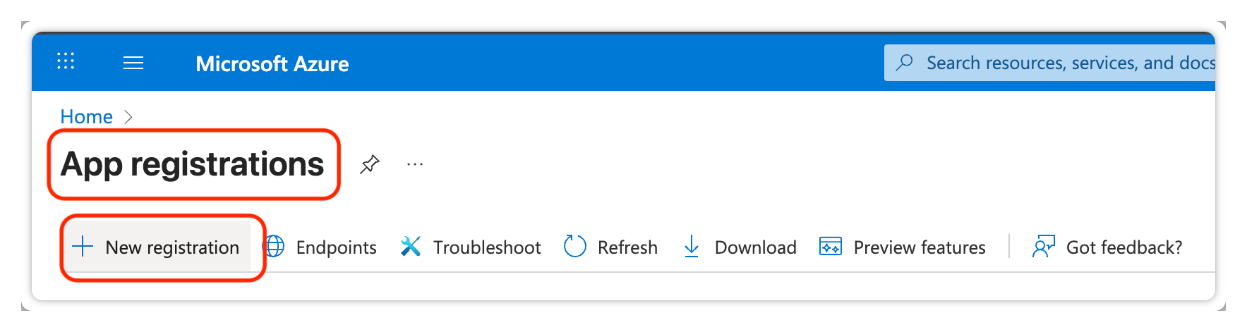 Creating a New registration under Azure App registrations.
