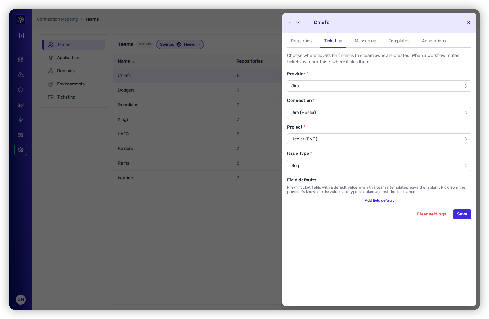 A team drawer's Ticketing tab configured for Jira, with Provider, Connection, Project, and Issue Type.