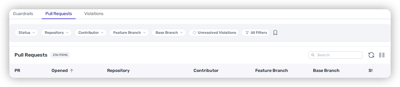 The Pull Requests tab with its Status, Repository, Contributor, and branch filters.
