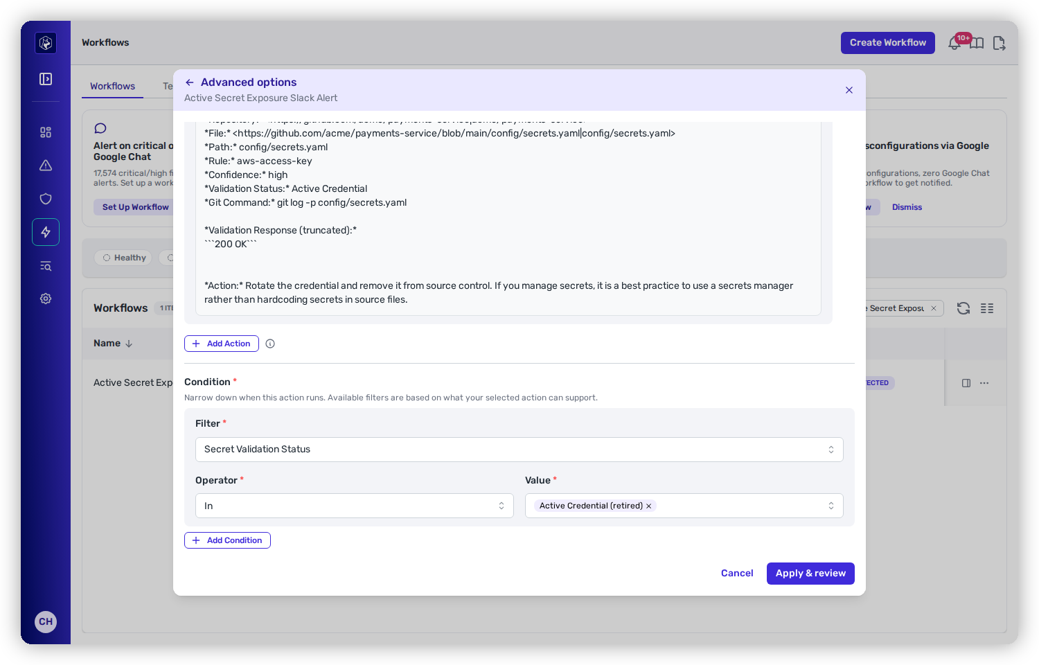 The Condition step of the builder: a Filter set to Auto-Fixable, an Operator of Is, and a Value of True, with a padlock icon and an Add Filter button.
