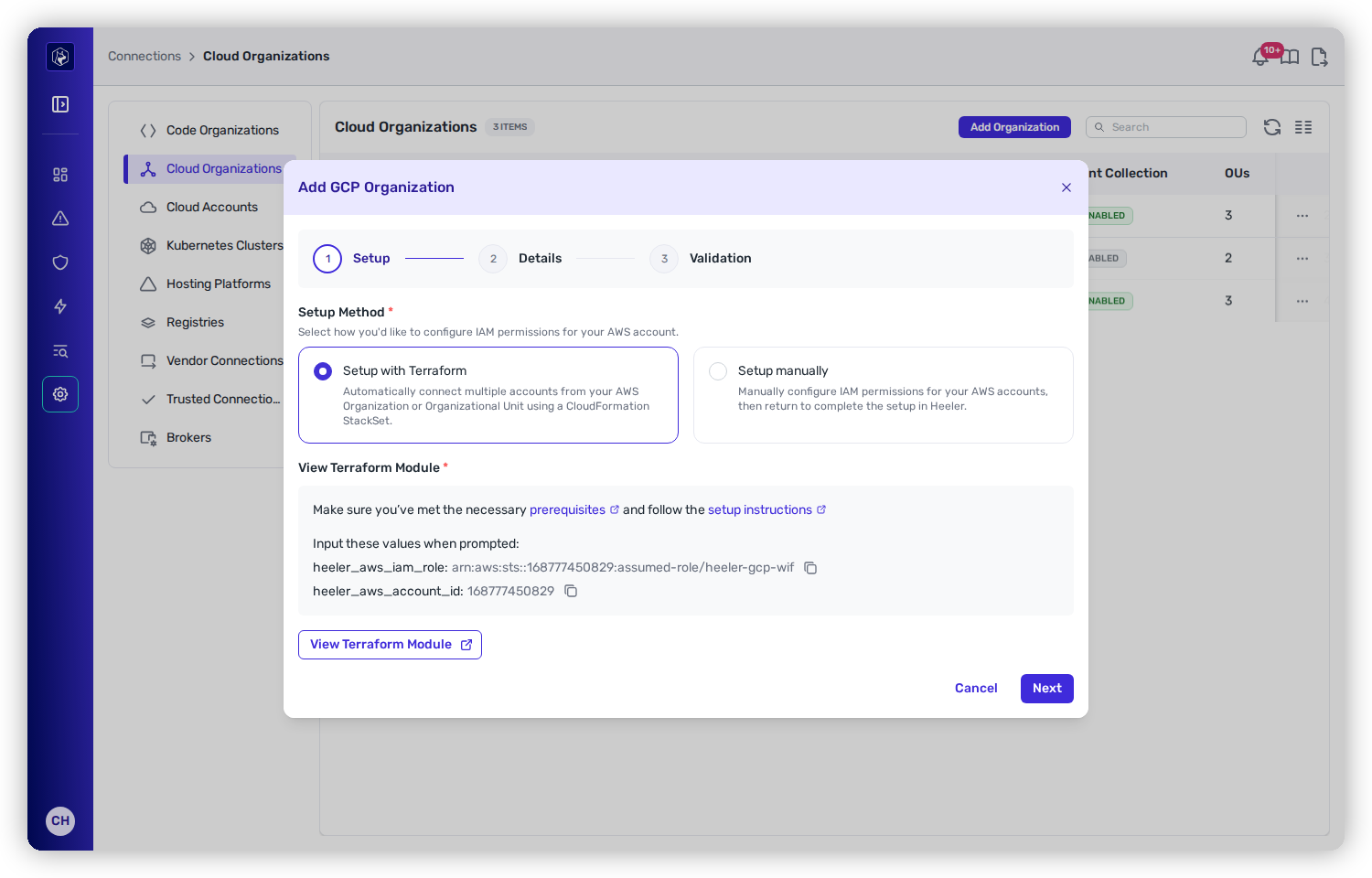 The Add GCP Organization wizard showing the Workload Identity Configuration, Project ID, and optional Folder/Project ID fields.