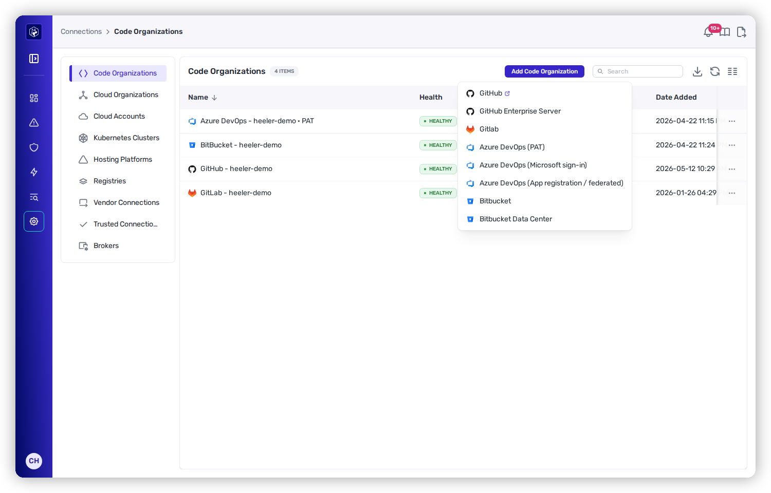 The Add Code Organization menu listing GitHub, GitHub Enterprise Server, Gitlab, Azure DevOps (PAT and Microsoft sign-in), Bitbucket, and Bitbucket Data Center.