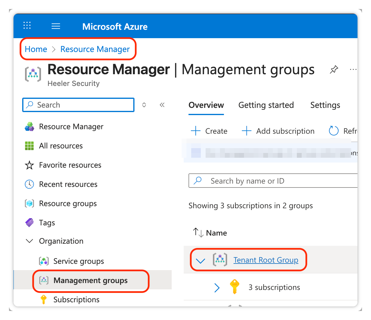 Resource Manager → Management Groups showing the Tenant Root Group.