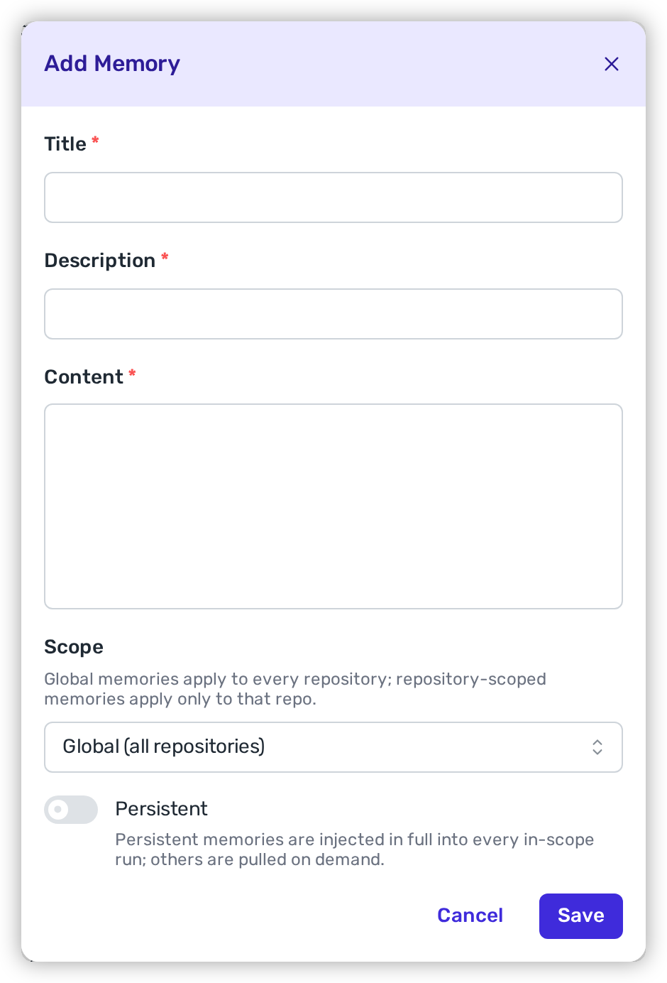 The Add Memory modal with required Title, Description, and Content fields, a Scope select showing Global (all repositories), and a Persistent switch turned off with helper text beneath it, above Cancel and Save buttons.
