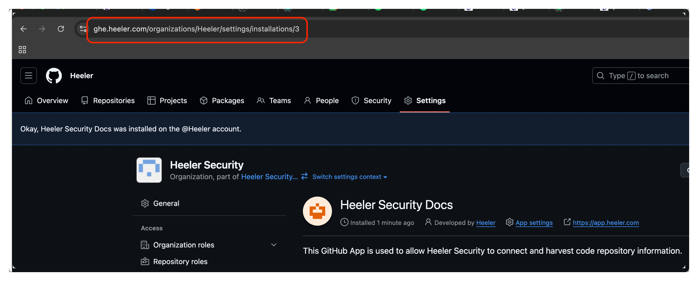 The installation URL in the browser address bar, containing the hostname, organization, and installation ID.