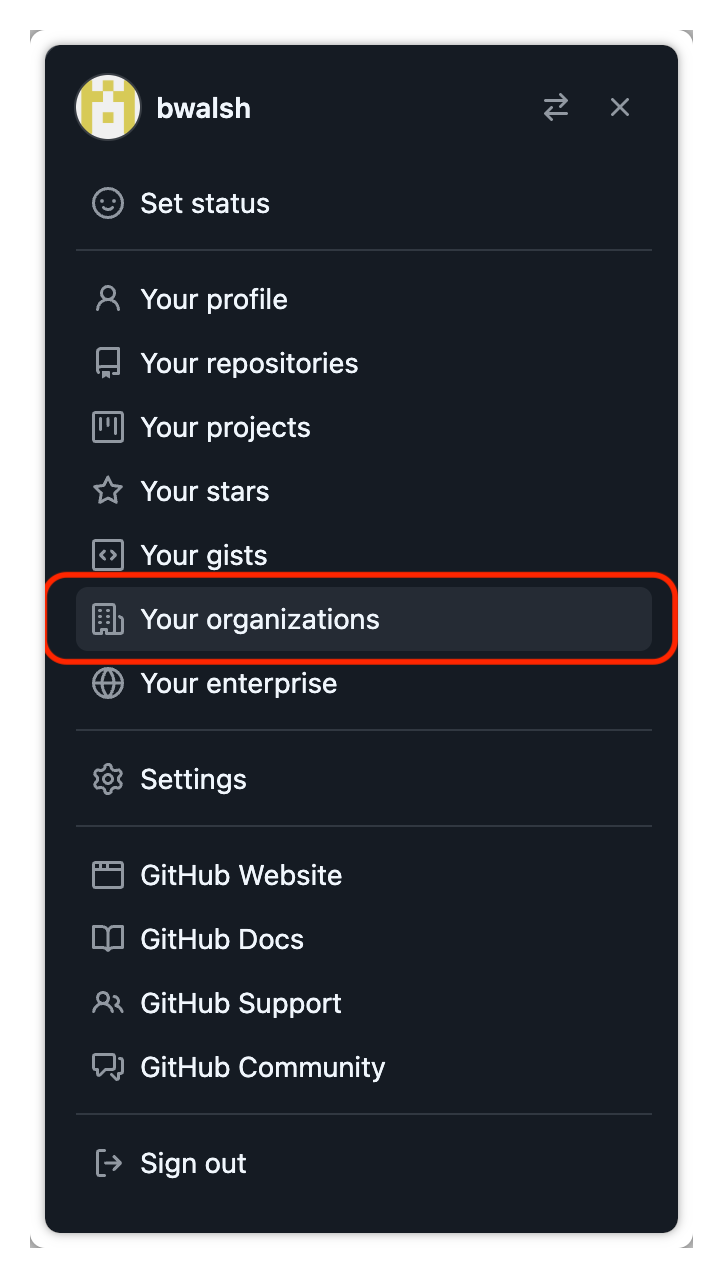 GitHub Enterprise Server profile menu with Your organizations.
