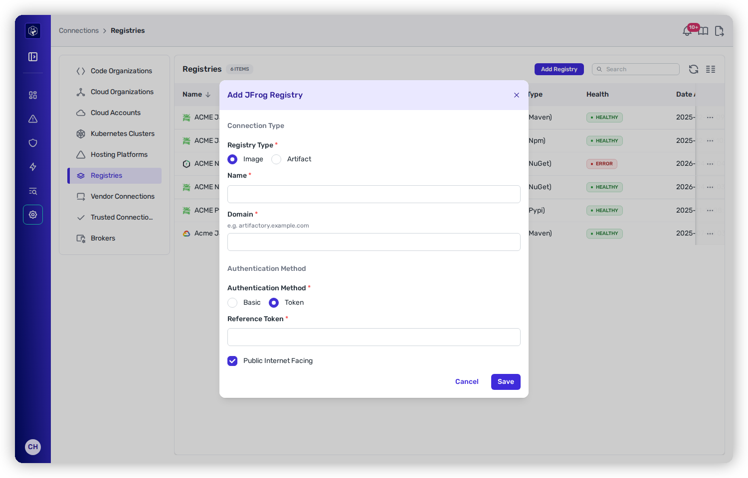 The Add Registry modal for JFrog, showing Registry Type (Image/Artifact), Name, Domain, Authentication Method (Basic/Token), and Public Internet Facing.