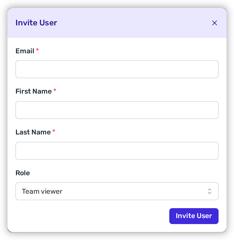 The Invite User modal with Email, First Name, Last Name, and a Role selector set to Team viewer.