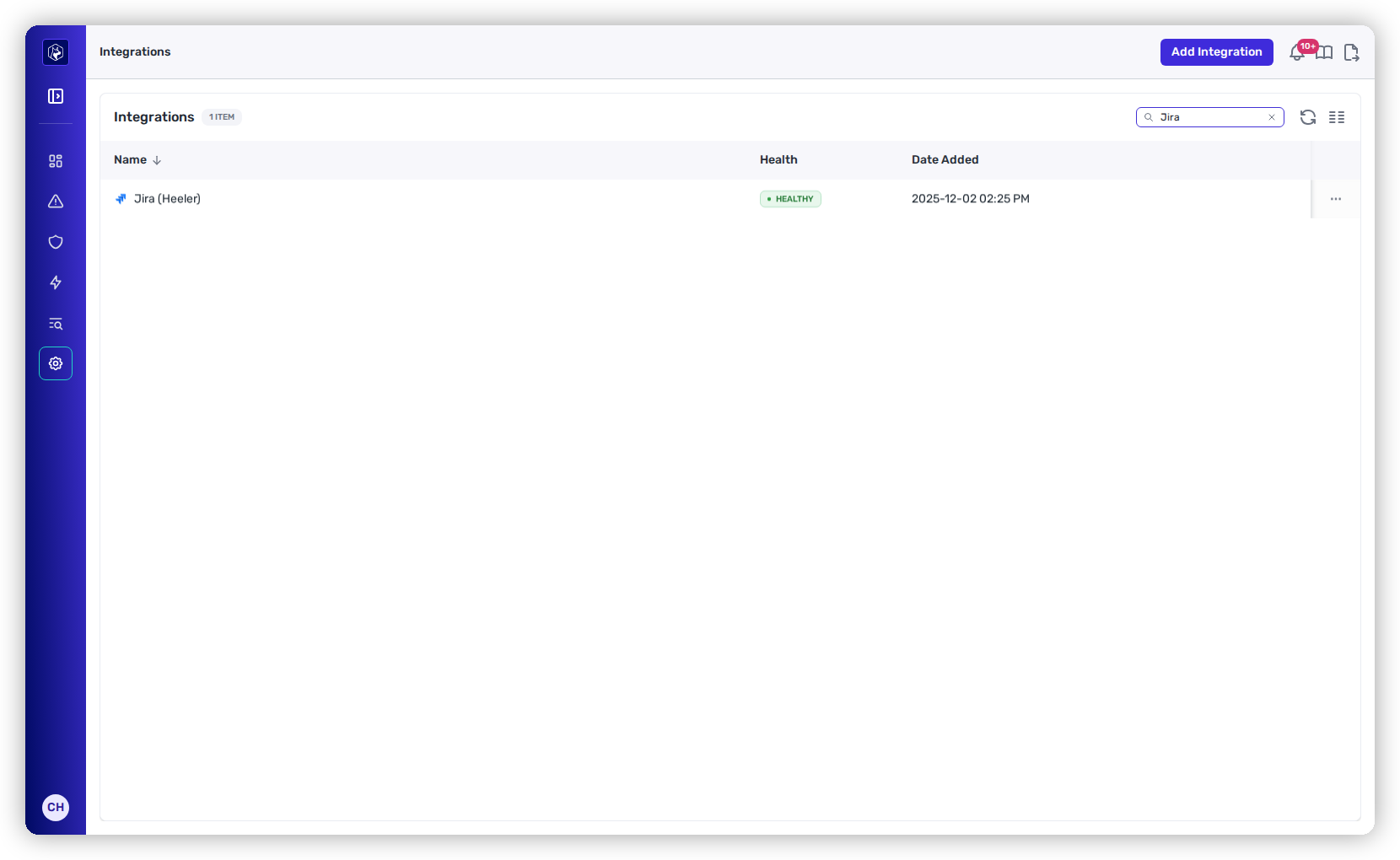 The Heeler Integrations list showing the Jira integration with a Healthy status.