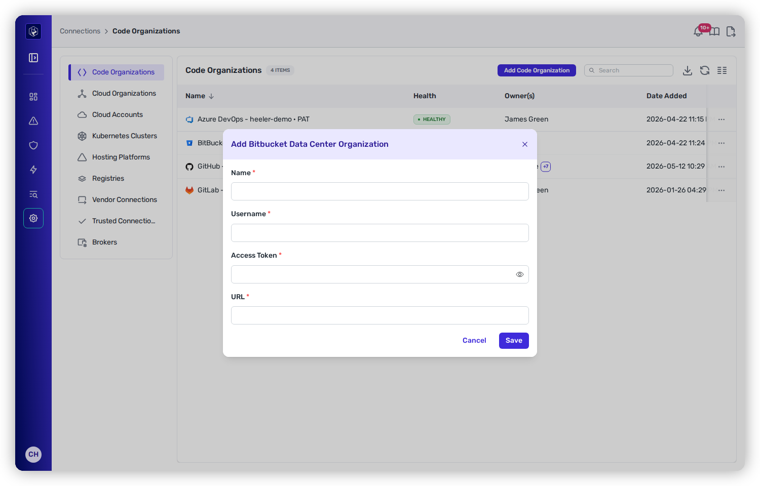 The Add Bitbucket Data Center Organization modal with Name, Username, Access Token, and URL fields.