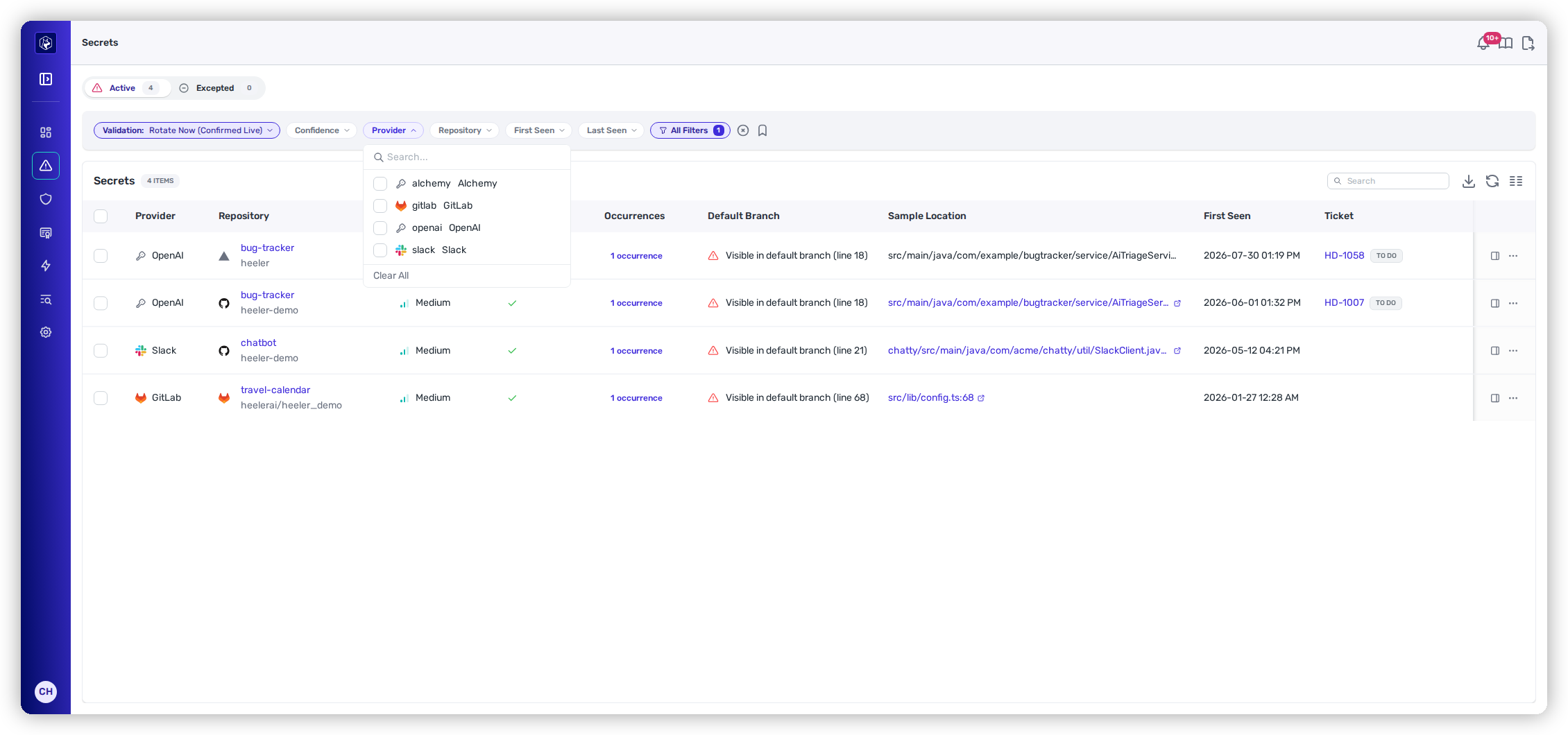 The Provider filter with the detector list.