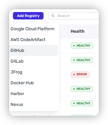 The Add Registry menu in Heeler with the GitHub option selected.