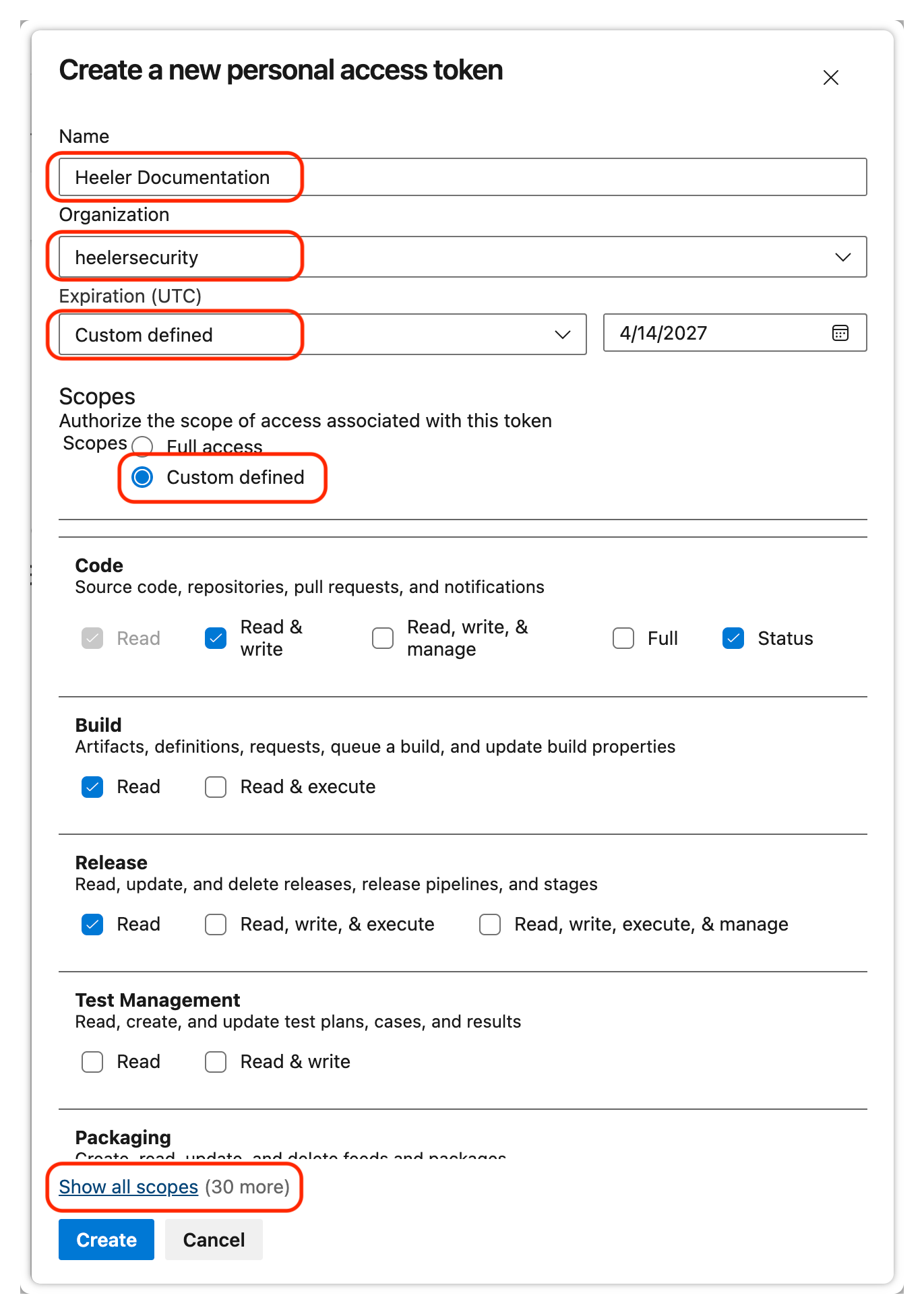 The Create a new personal access token dialog with Custom defined scopes: Code Read & write + Status, Build Read, Release Read, and Show all scopes.